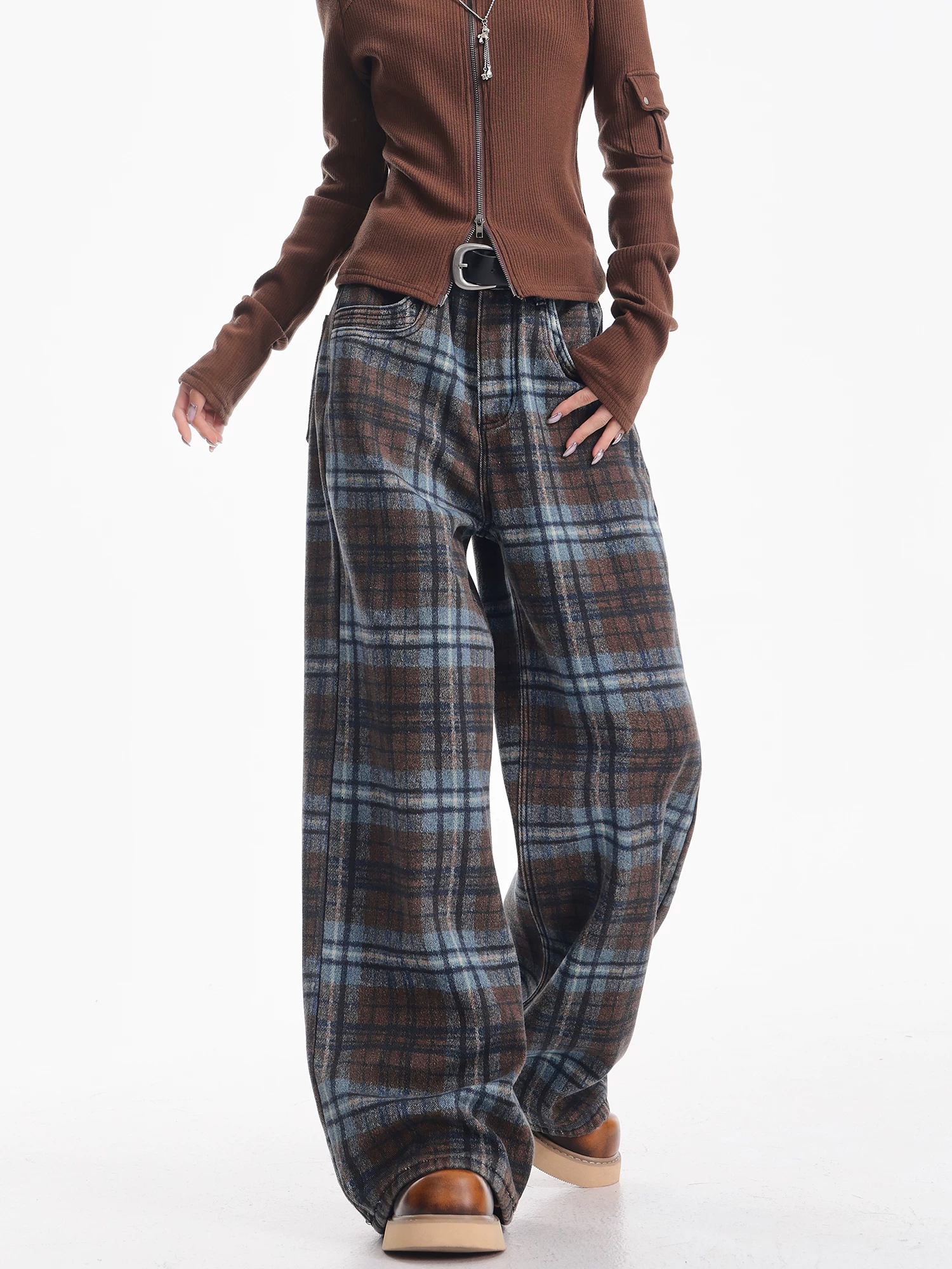 KEN STUDIO Quần jean kẻ sọc xanh mùa thu đông mới dành cho nữ, lót lông cừu, dày dặn, dáng rộng, giảm béo, quần ống rộng.