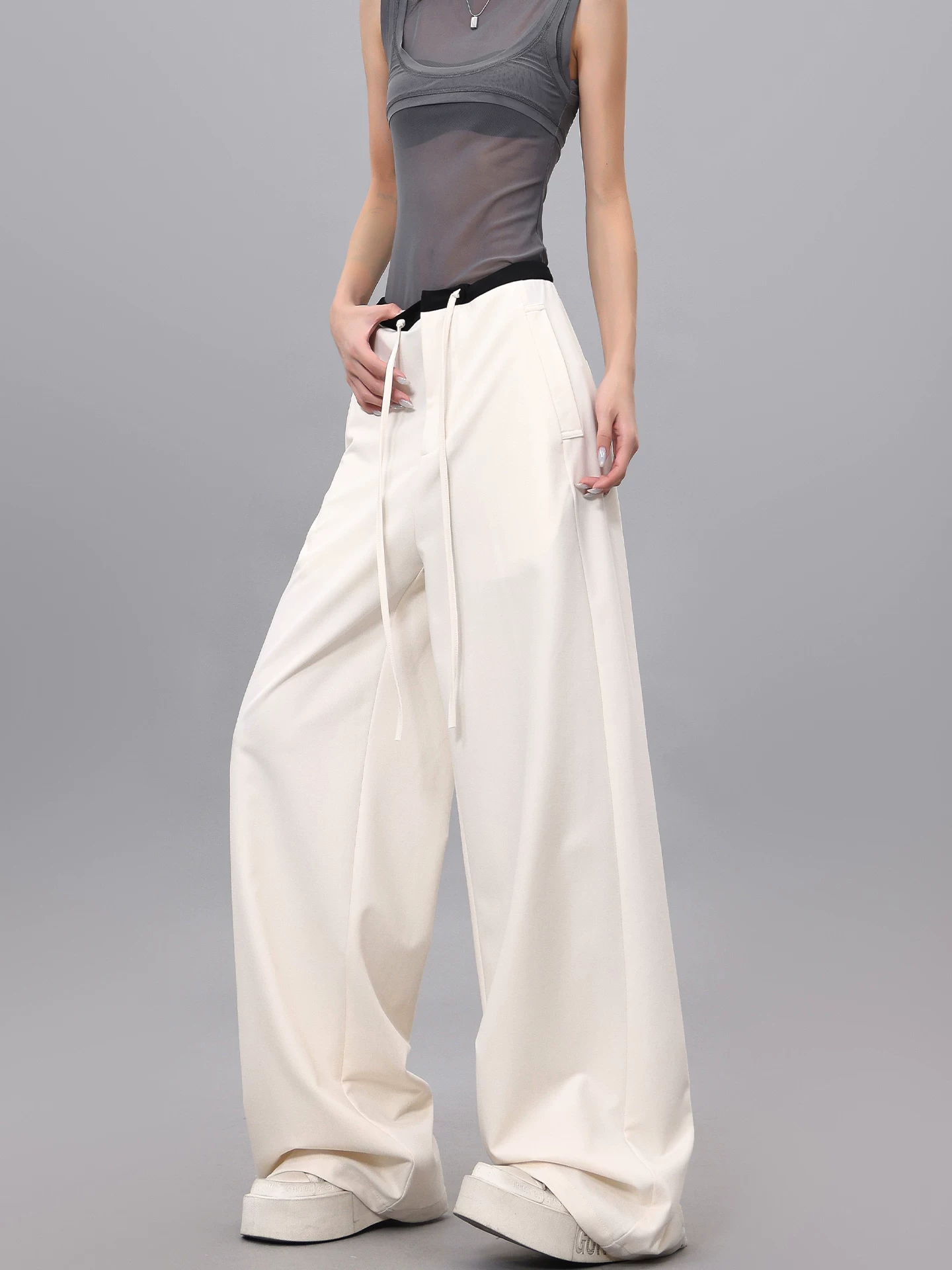 Quần dài dây rút phối màu KEN STUDIO dành cho nữ, phong cách mùa hè mới, đa năng, dáng rộng, dáng rộng, quần ống rộng