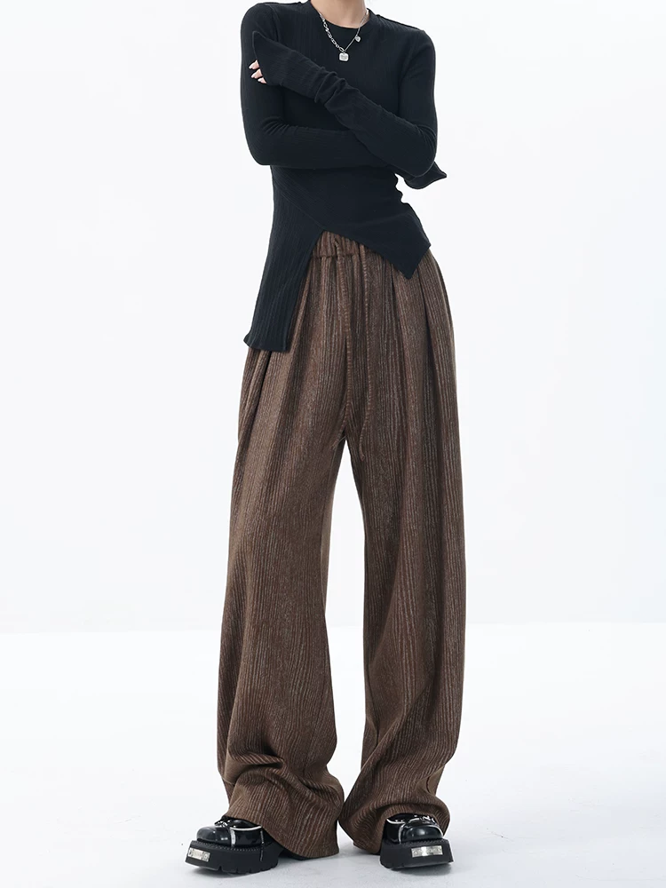 KEN STUDIO quần ống rộng sọc mới đầu thu dành cho nữ với thiết kế eo xếp ly và quần dài chạm sàn