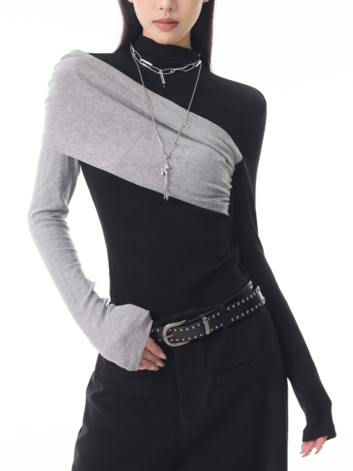 KEN STUDIO Xuân Thu Thiết kế mới Áo sơ mi cổ lọ nửa cổ màu khối dành cho nữ Áo dài tay ôm vừa vặn