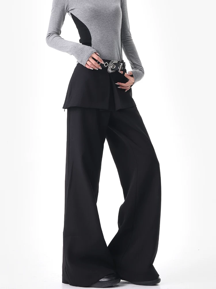 KEN STUDIO Quần dài giả hai mảnh màu đen mùa thu mới dành cho nữ, quần dáng rộng và đa năng, quần dài đến sàn