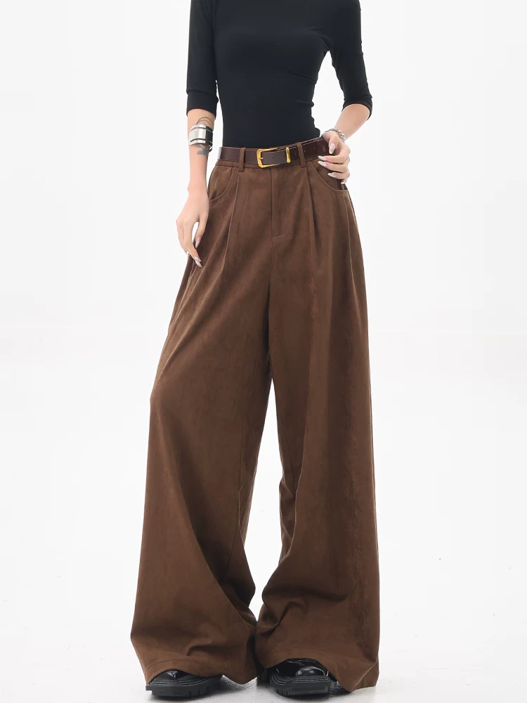 [Bee Happy Club] KEN STUDIO Quần tây ống rộng bằng da lộn mùa thu đông Quần tây ống rộng lưng cao dáng rộng Quần thường ngày