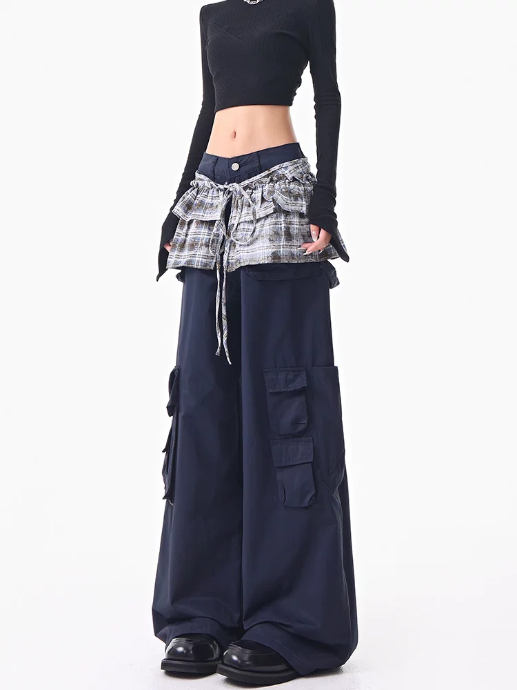 KEN STUDIO Quần cargo kẻ sọc mùa thu mới dành cho nữ, kiểu dáng rộng rãi, tôn dáng, quần ống rộng dài đến sàn
