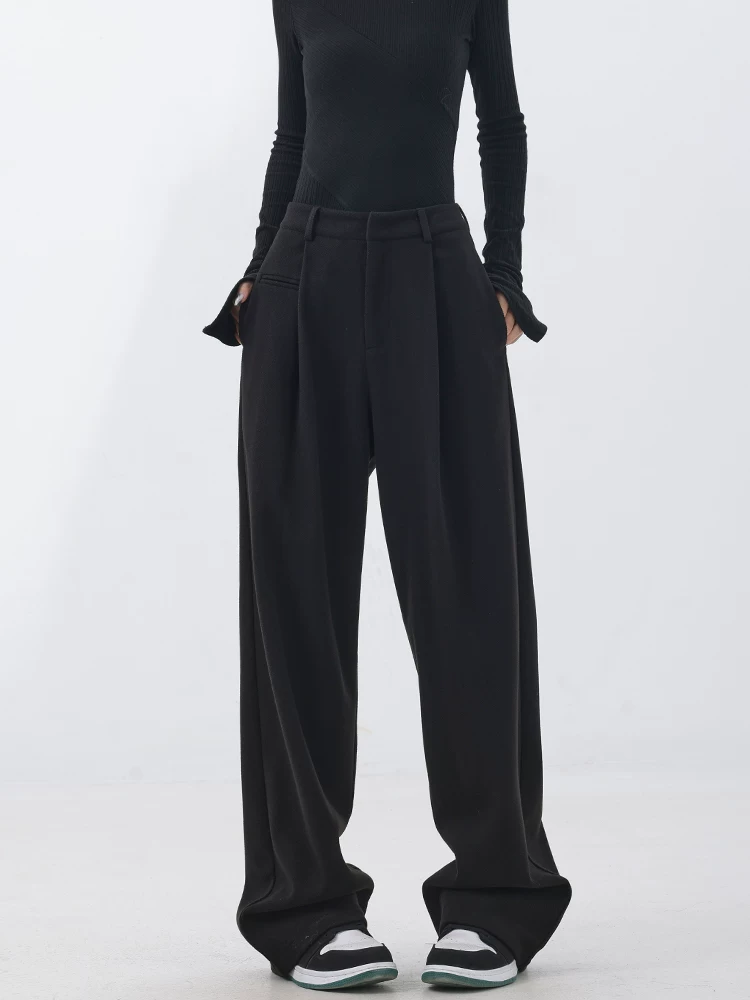 KEN STUDIO quần dài thẳng dày dặn bằng len mùa thu đông nguyên bản dành cho nữ, quần ống rộng dáng rộng giảm béo