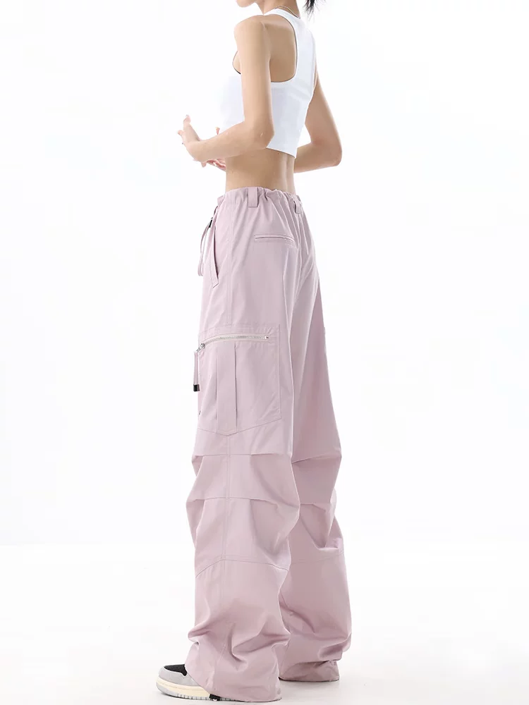 KEN STUDIO Xuân Thu Quần Cargo ống rộng xếp ly màu hồng mới dành cho nữ Quần dài dáng rộng lưng cao dáng rộng giúp giảm béo Quần dài thường ngày