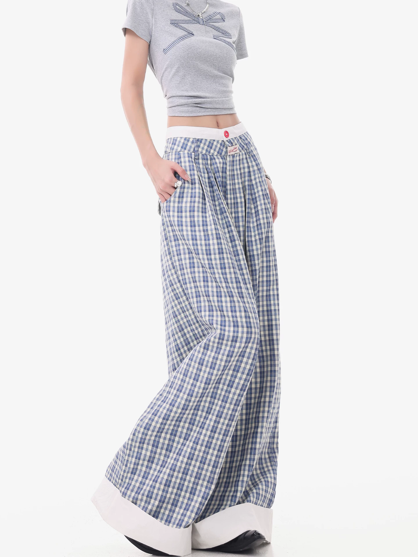 KEN STUDIO Quần âu kẻ sọc xanh mùa hè mới dành cho nữ, dáng rộng, tôn dáng, mềm mại, đa năng, quần ống rộng cực dài