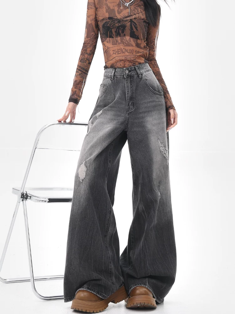 KEN STUDIO đầu mùa thu quần jean rách màu đen mới được giặt sạch dành cho nữ quần ống rộng phong cách retro kiểu Mỹ