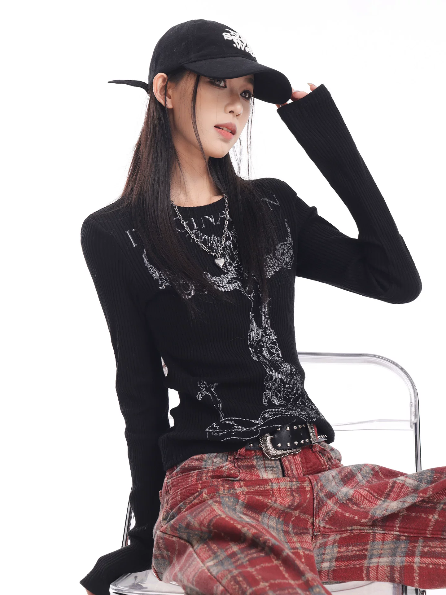 KEN STUDIO Áo dệt kim dài tay in họa tiết màu đen mới thu đông dành cho nữ, dáng ôm, áo sơ mi trễ vai bên phải