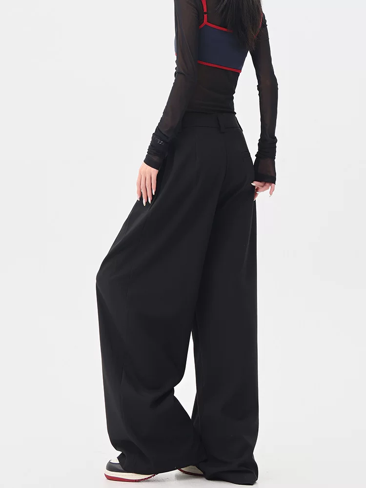 KEN STUDIO mùa hè mới quần âu xếp ly ba chiều màu đen dành cho nữ, quần ống rộng dáng rộng cạp cao thẳng