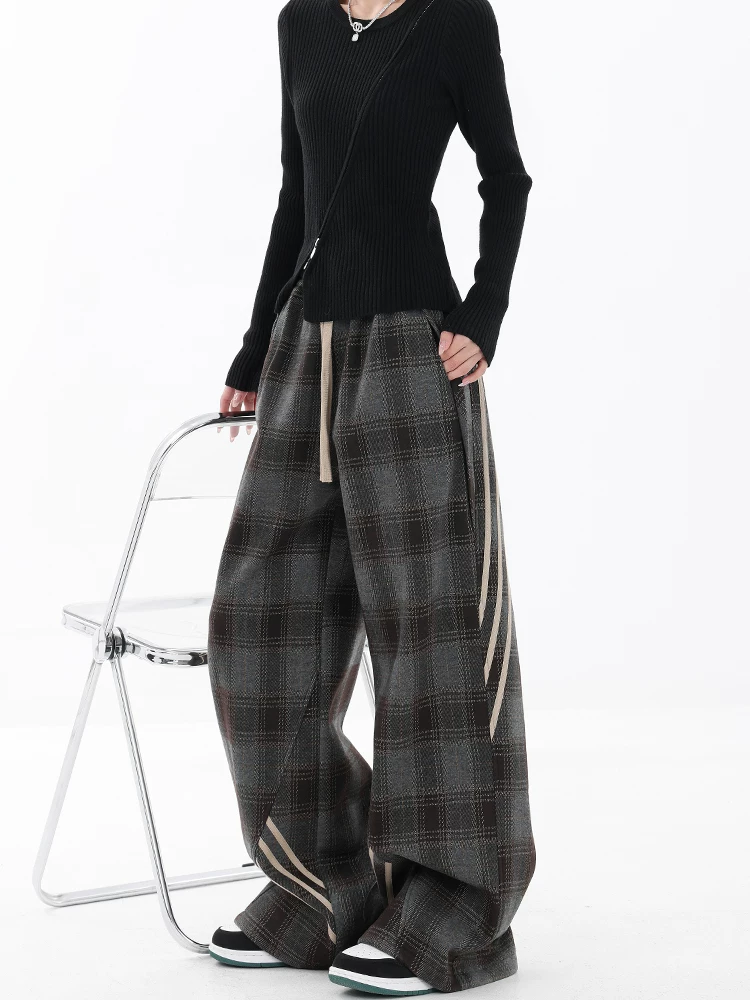 KEN STUDIO quần kiểu dáng cổ điển mới mùa xuân thu dành cho nữ, quần kẻ sọc ống đứng thon gọn eo, kiểu dáng cổ điển.