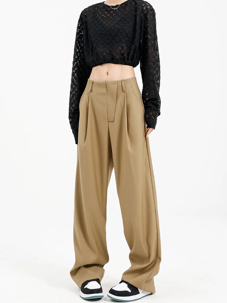 KEN STUDIO Xuân Thu Mới Quần âu ống rộng màu kaki Quần dài ống rộng cho nữ Quần thẳng dài đến sàn Quần âu thường ngày