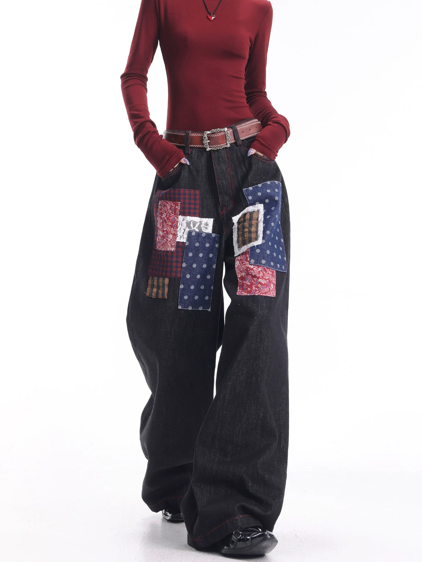 KEN STUDIO quần jean chắp vá phong cách retro mới của Mỹ dành cho nữ, quần ống rộng dáng rộng, giảm béo