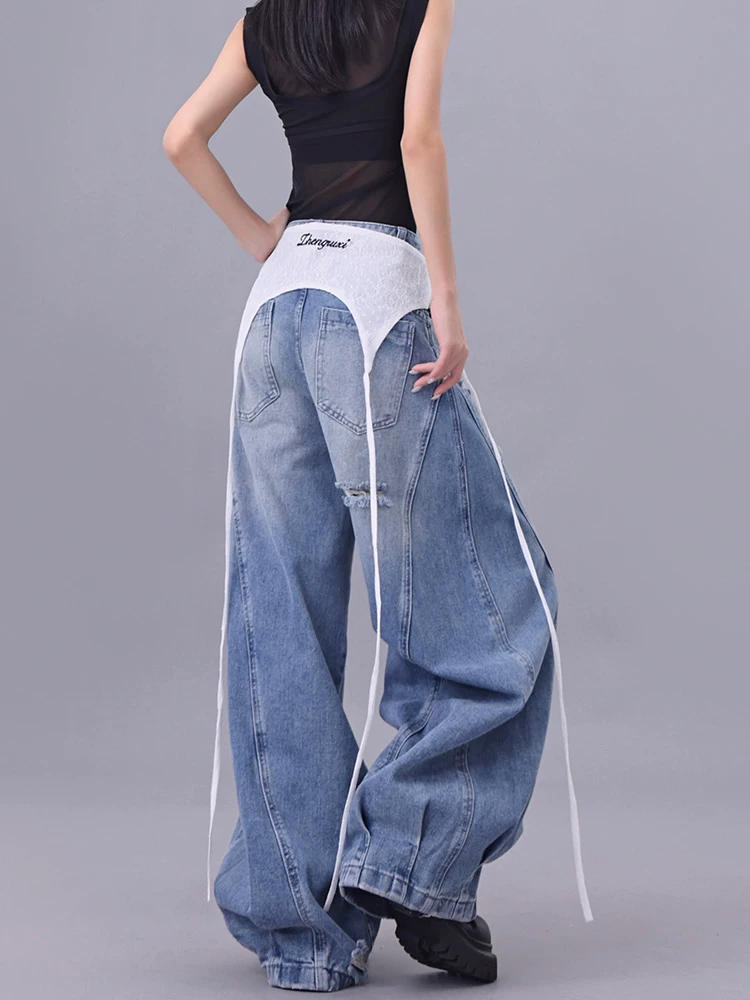 KEN STUDIO quần jean ống rộng viền ren cao cấp xẻ tà quần dài ống rộng dành cho nữ