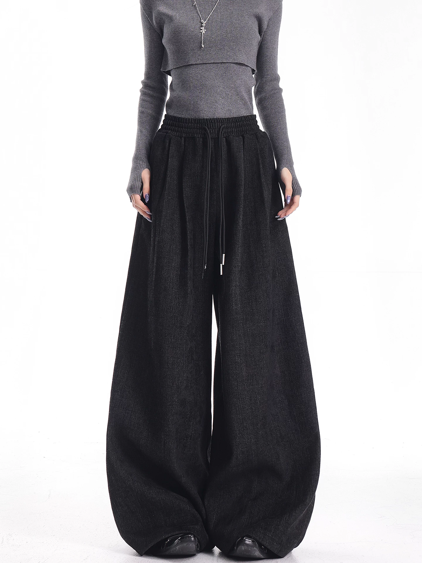 KEN STUDIO Quần thường ngày dày dặn lót lông cừu mùa thu đông mới dành cho nữ với thiết kế dây rút và quần ống rộng dài đến sàn