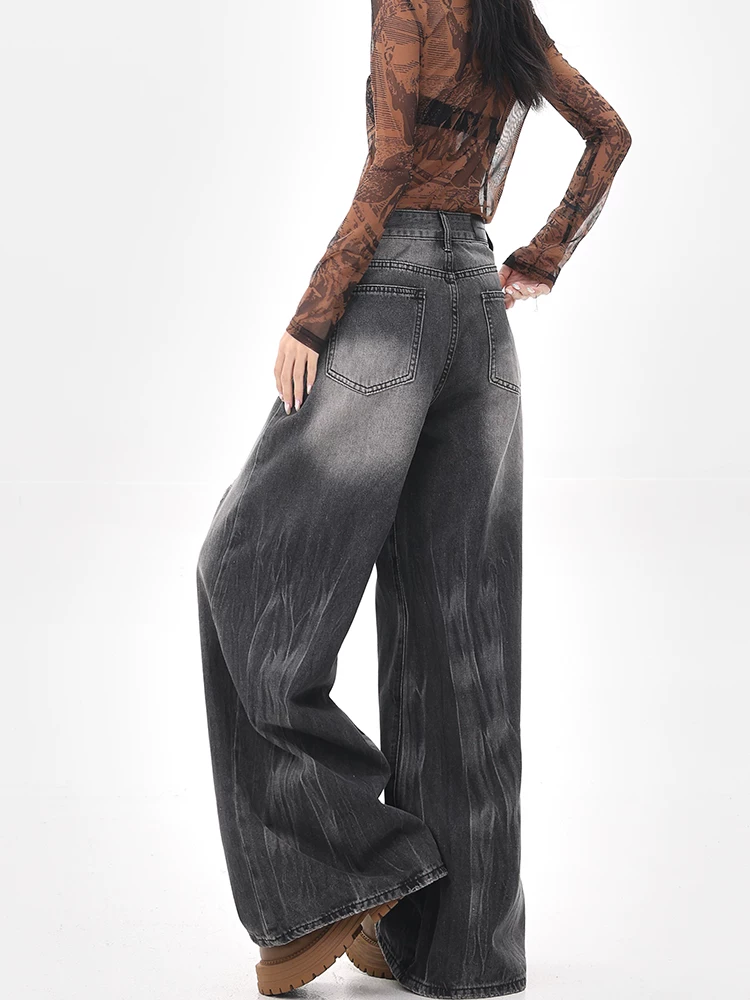 KEN STUDIO đầu mùa thu quần jean rách màu đen mới được giặt sạch dành cho nữ quần ống rộng phong cách retro kiểu Mỹ