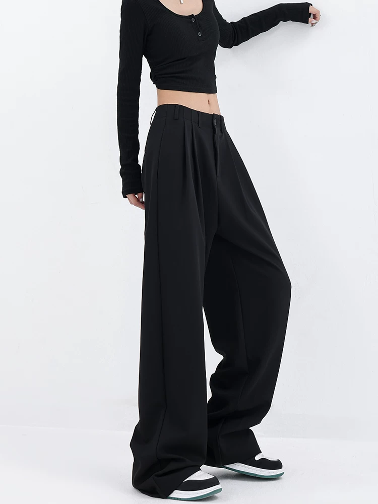 Quần vest thường ngày màu đen của KEN STUDIO dành cho nữ, quần ống rộng dáng rộng, quần ống thẳng, quần vest.