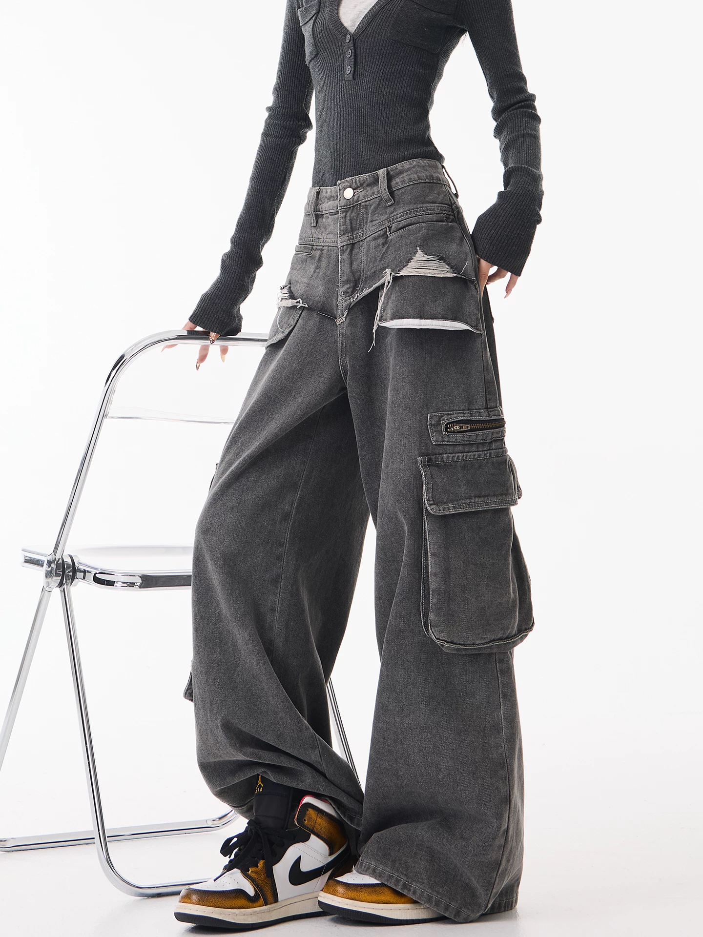 Quần jean công sở màu đen thiết kế cổ điển của KEN STUDIO dành cho nữ, quần ống rộng thẳng lưng cao mới mùa xuân thu