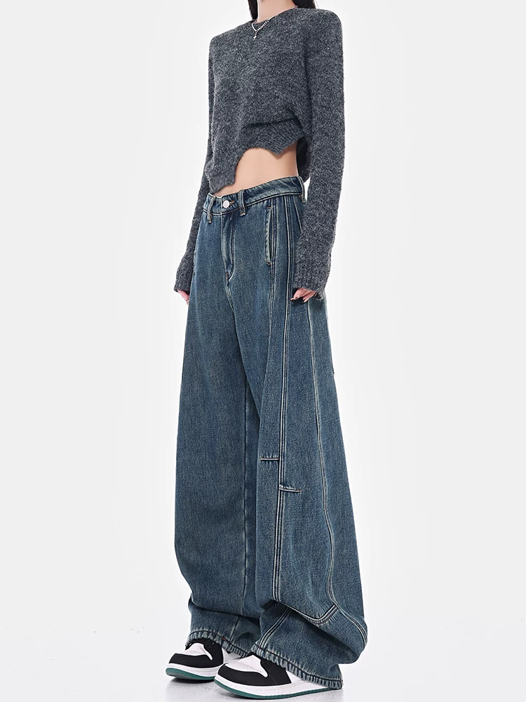 Quần jean lót lông cừu mùa thu đông của KEN STUDIO dành cho phụ nữ cao, quần ống rộng dáng rộng cực dài, quần chuối.