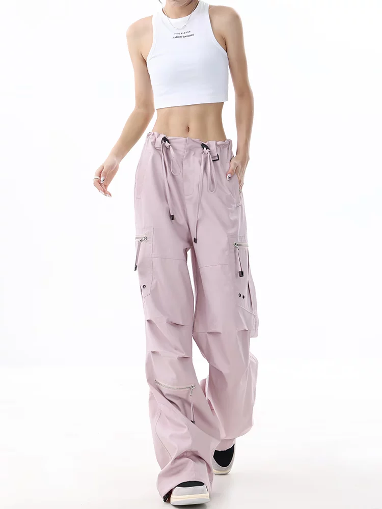 KEN STUDIO Xuân Thu Quần Cargo ống rộng xếp ly màu hồng mới dành cho nữ Quần dài dáng rộng lưng cao dáng rộng giúp giảm béo Quần dài thường ngày