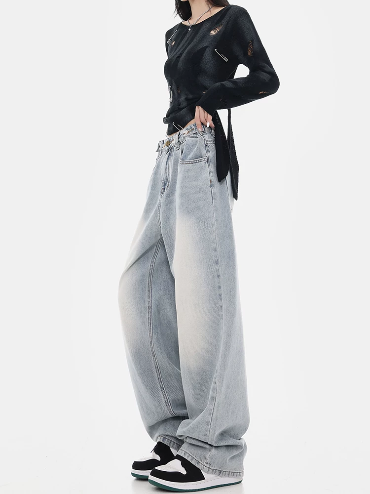 KEN STUDIO đầu mùa thu quần jean ống rộng phong cách đường phố Mỹ mới dành cho nữ, quần dài ống rộng lưng cao dáng thẳng