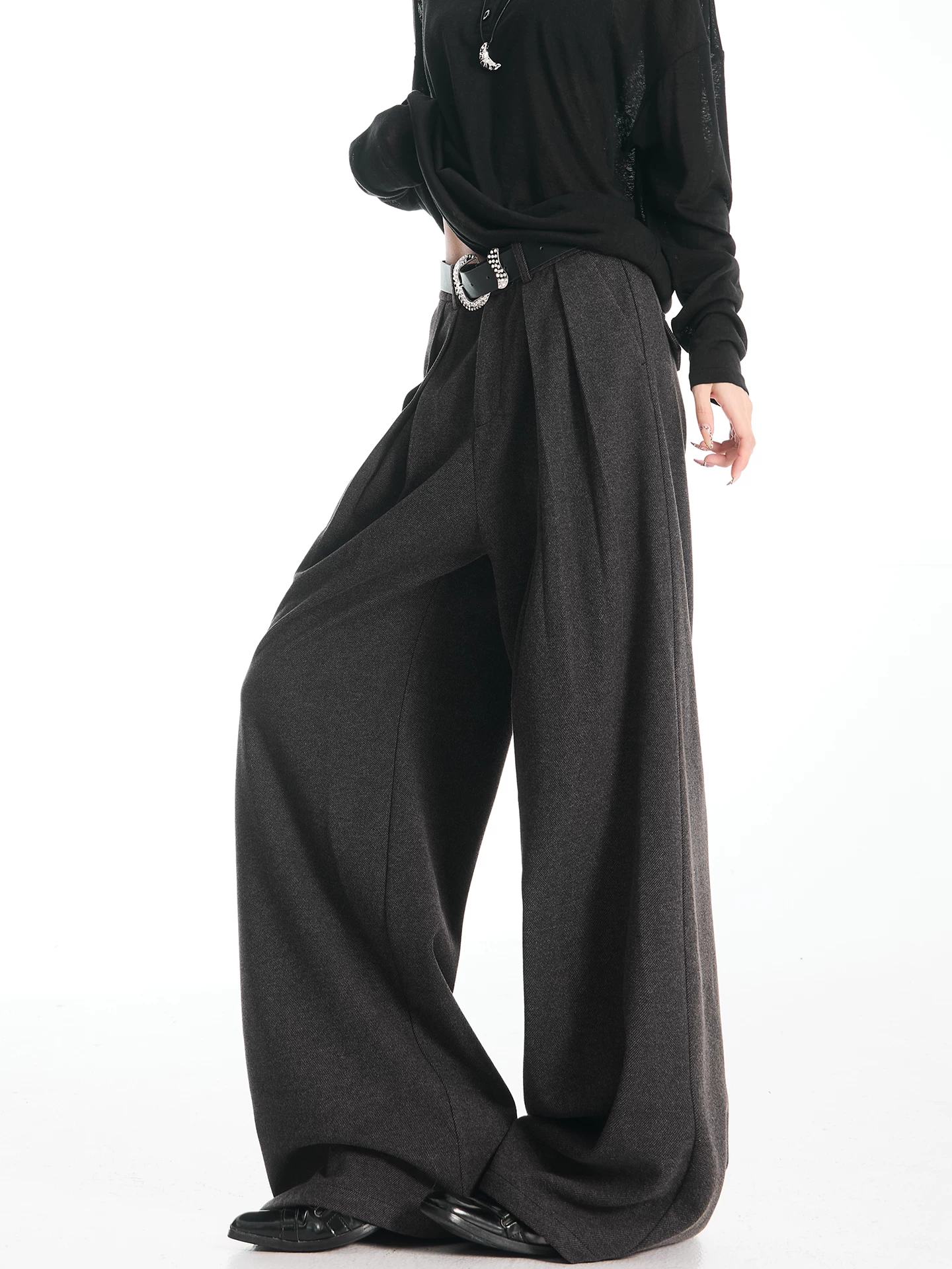 KEN STUDIO Quần tây ống rộng màu xám thu đông mới dành cho nữ, cạp cao, dáng suôn, dáng rộng, dáng suôn, quần dài đến sàn