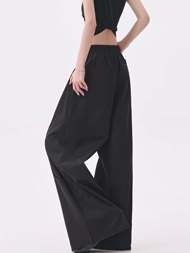 KEN STUDIO quần âu thiết kế dây ruy băng màu đen dành cho nữ, quần ống rộng lưng cao đa năng mùa hè