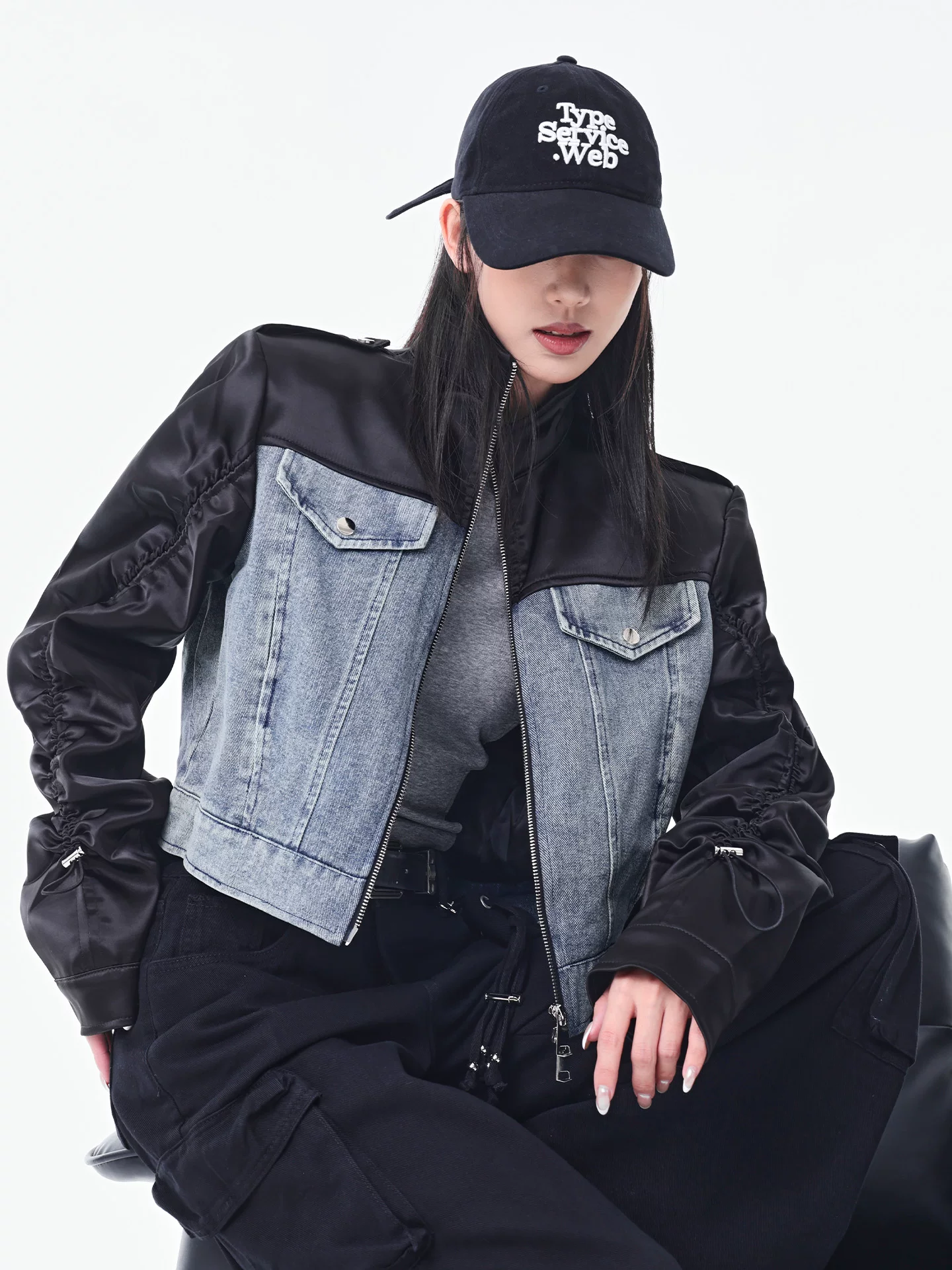 Áo khoác denim chắp vá mùa thu đông mới của KEN STUDIO dành cho nữ, áo khoác ngắn ôm dáng thời trang