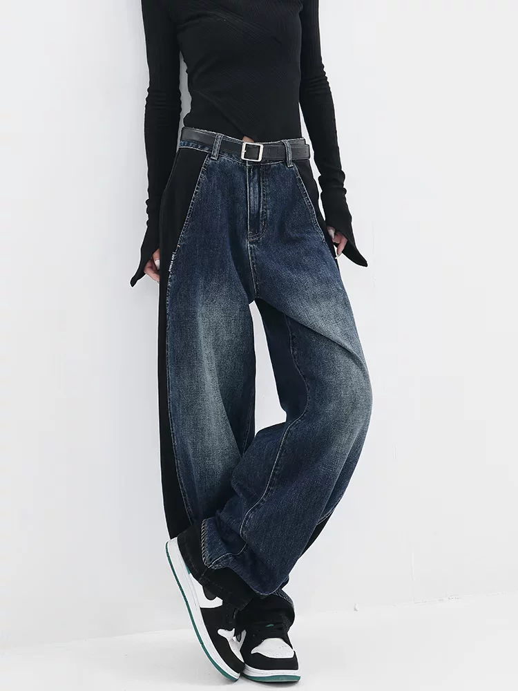 KEN STUDIO quần jean phối màu chắp vá mùa thu đông mới dành cho nữ, quần ống rộng dáng rộng sành điệu, quần chuối