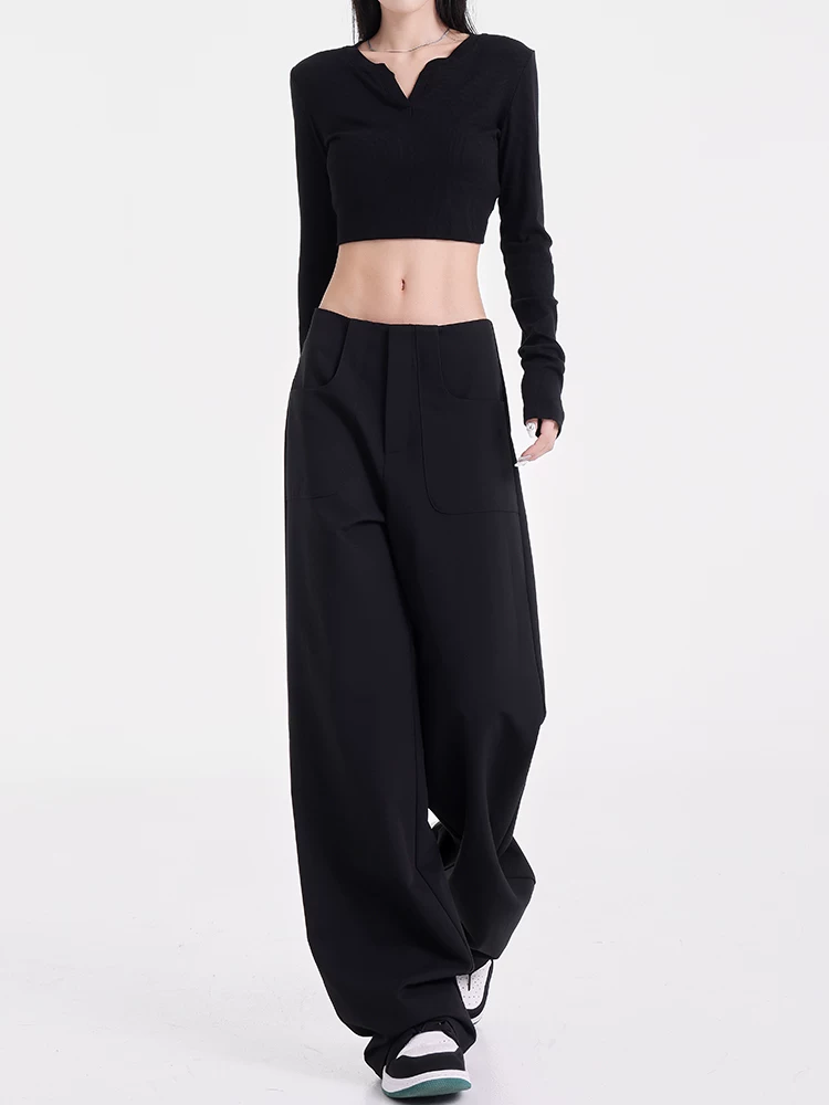 KEN STUDIO nguyên bản mùa xuân và mùa thu mới quần âu ống đứng màu đen đa năng thiết kế dáng rộng giảm béo quần âu