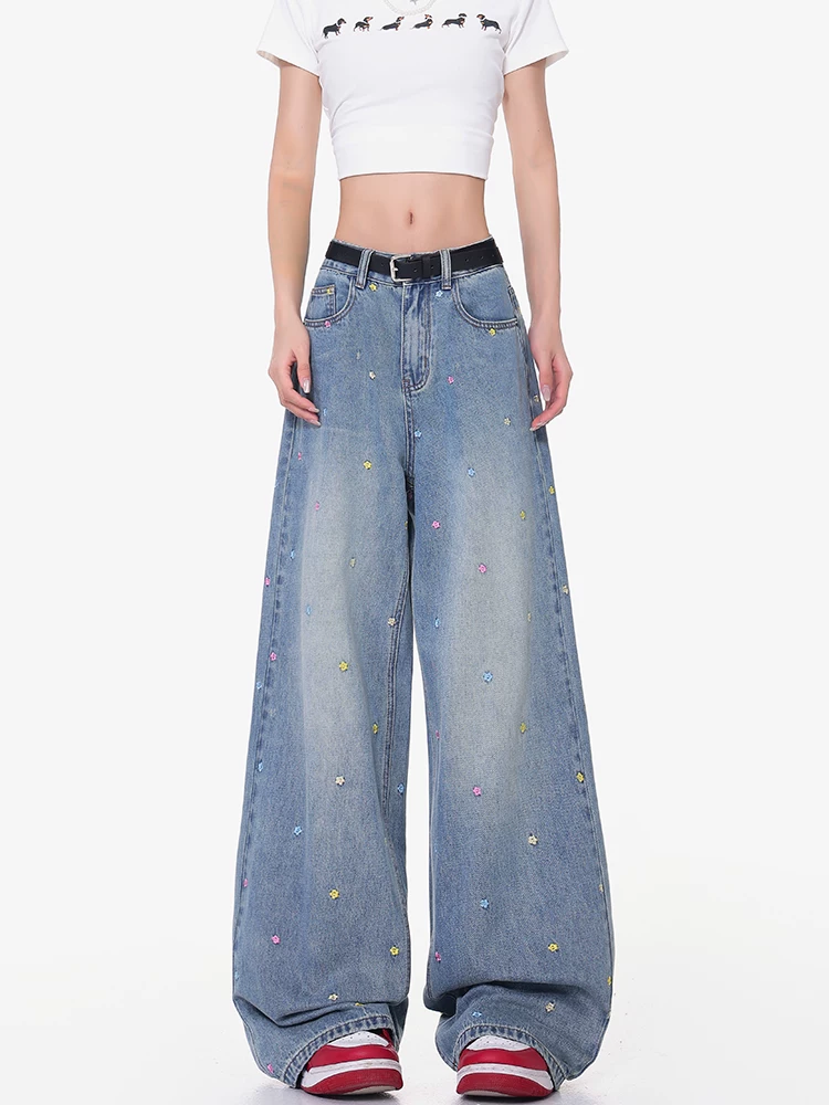 KEN STUDIO mùa hè mới quần jean thêu hoa nhiều màu sắc dành cho nữ quần ống rộng dáng rộng phong cách retro đã giặt