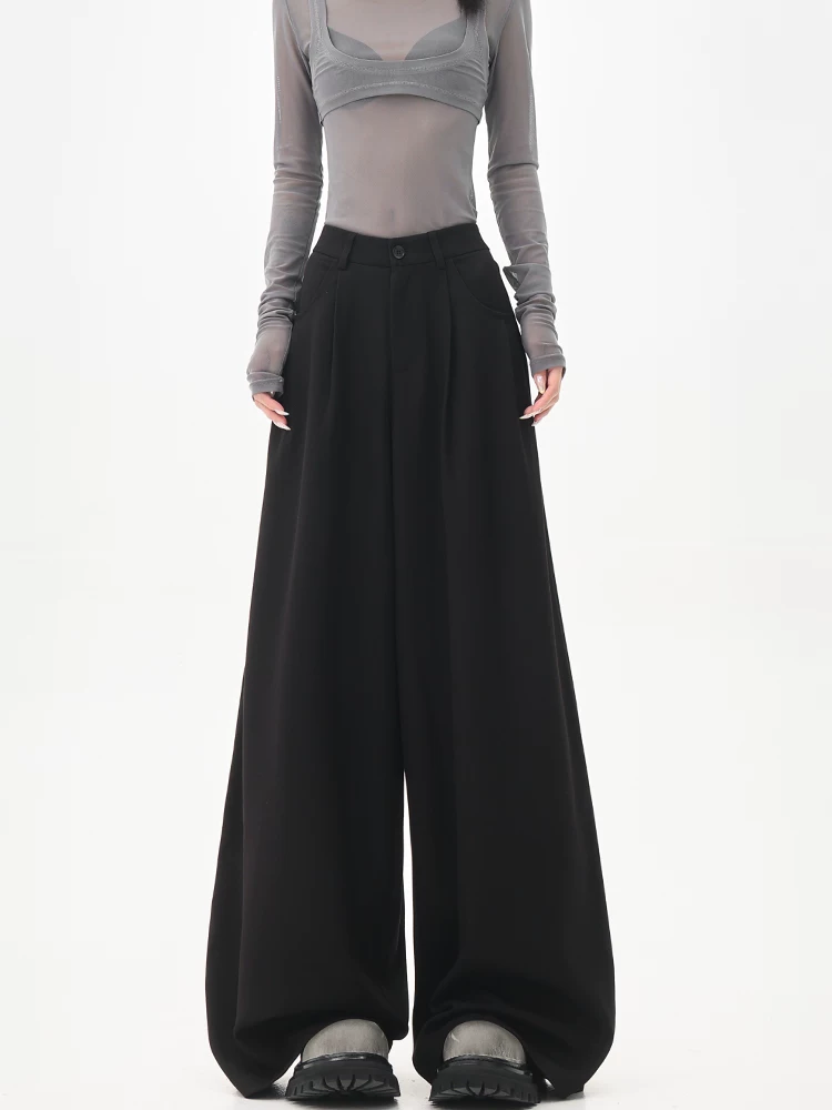 KEN STUDIO Quần tây ống rộng màu đen mùa hè mới dành cho nữ, quần cạp cao, dáng rộng, dáng suông, quần dài xếp tầng