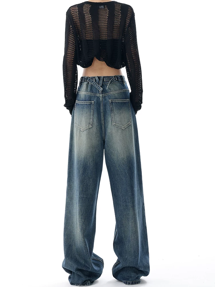 KEN STUDIO quần jean denim giặt kiểu Mỹ mới mùa xuân thu dành cho nữ, quần ống rộng thiết kế cổ điển, rộng rãi.