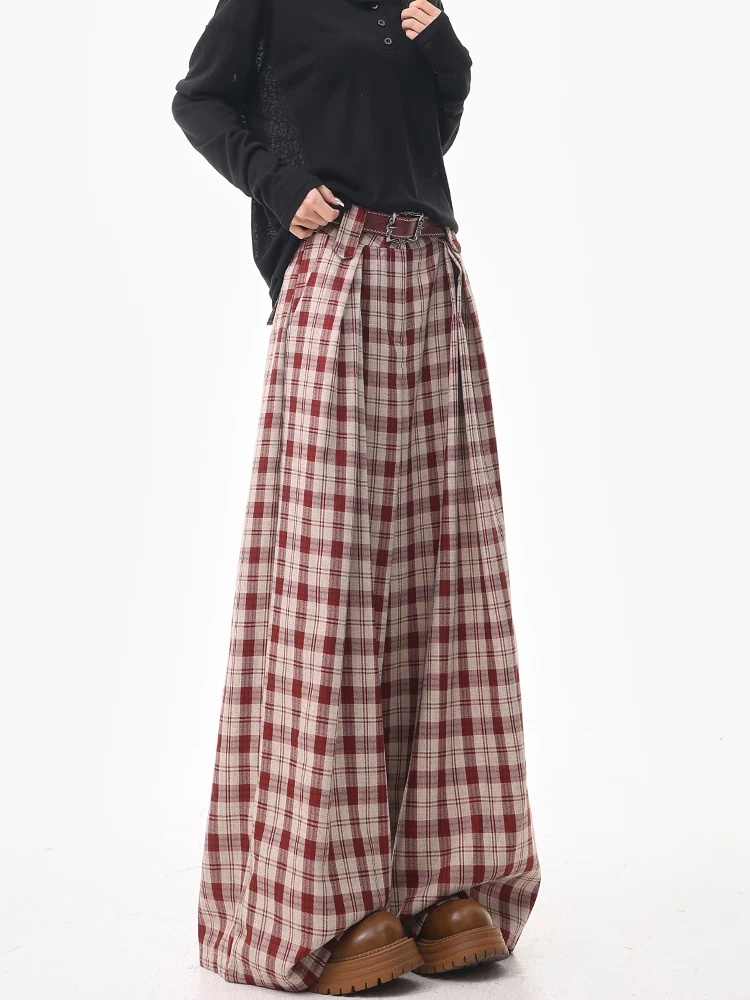 KEN STUDIO quần âu kẻ sọc đỏ cổ điển kiểu Mỹ dành cho nữ, thiết kế mùa hè và mùa thu, quần âu ống rộng lưng cao dáng thẳng