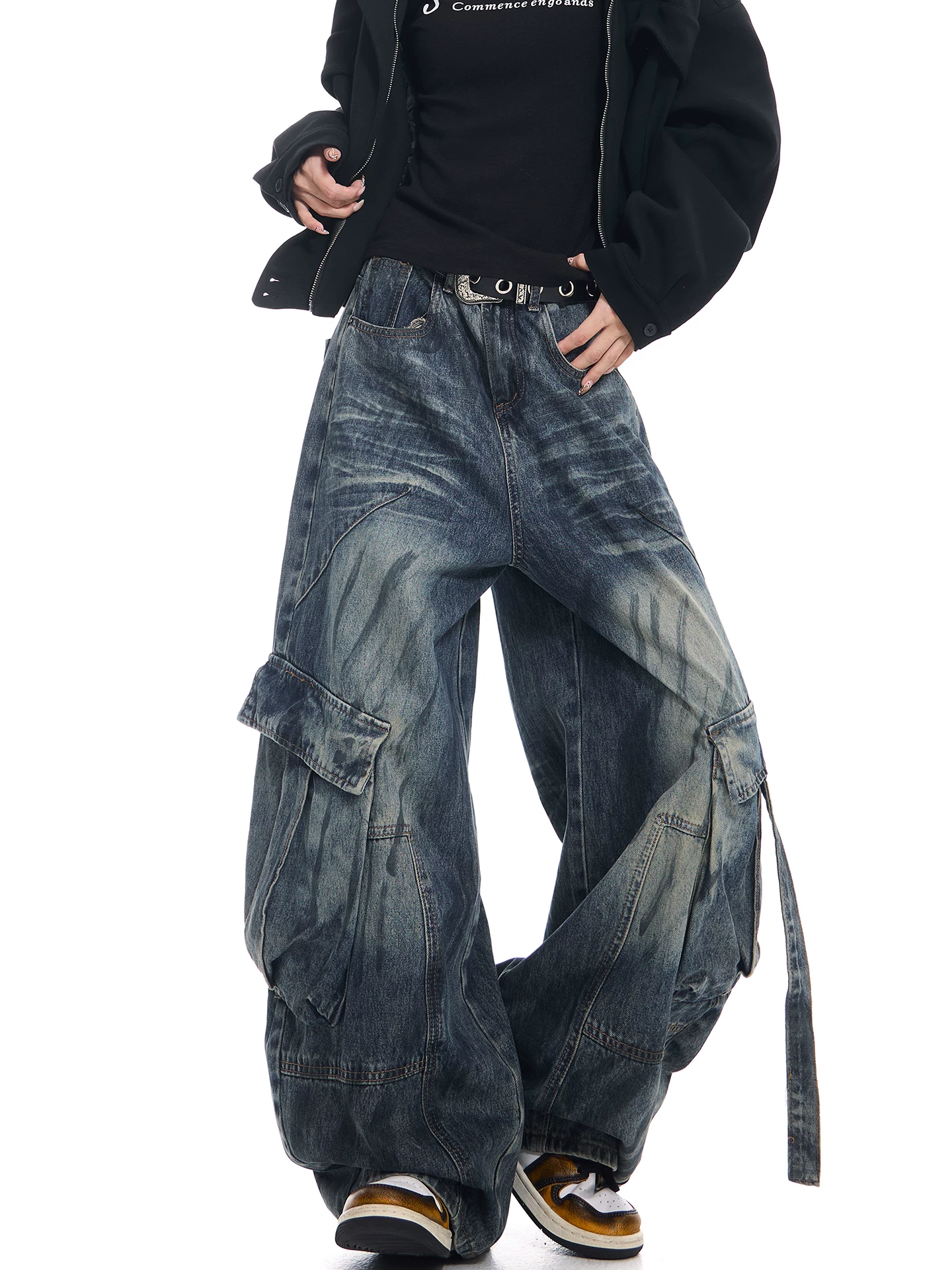 KEN STUDIO Xuân Thu Mới Vintage Quần Jean Workwear Giặt Nước Cứng Cáp Dáng Rộng Quần Suông Dáng Kiếm Cho Nữ