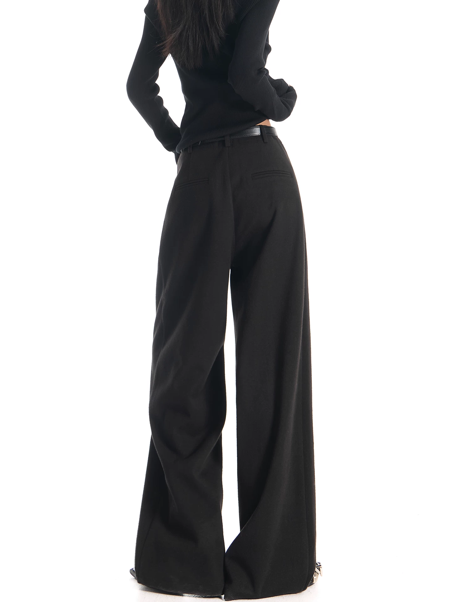 KEN STUDIO Quần tây ống rộng dày màu đen thu đông mới dành cho nữ, quần ống rộng dáng suông, quần ống rộng