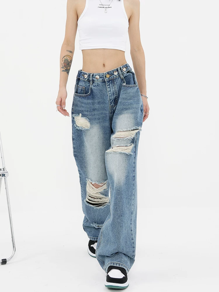 KEN STUDIO thiết kế theo phong cách mùa xuân hè quần jean rách màu gradient quần ống rộng dài đến sàn dành cho nữ