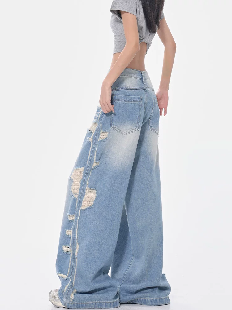KEN STUDIO Xuân Thu Quần jean ống rộng màu xanh nhạt cổ điển mới dành cho nữ với thiết kế rách Quần ống đứng kiểu dáng đơn giản