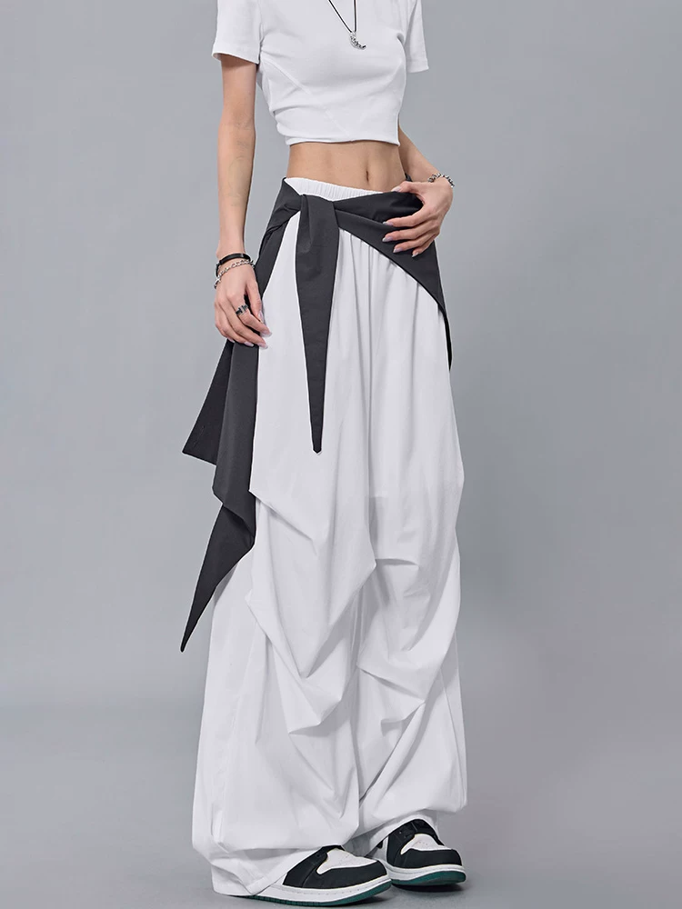 KEN STUDIO mùa hè mới quần dù có dây rút màu sắc phong cách Mỹ dành cho nữ, quần ống rộng thẳng hợp thời trang đường phố cao cấp