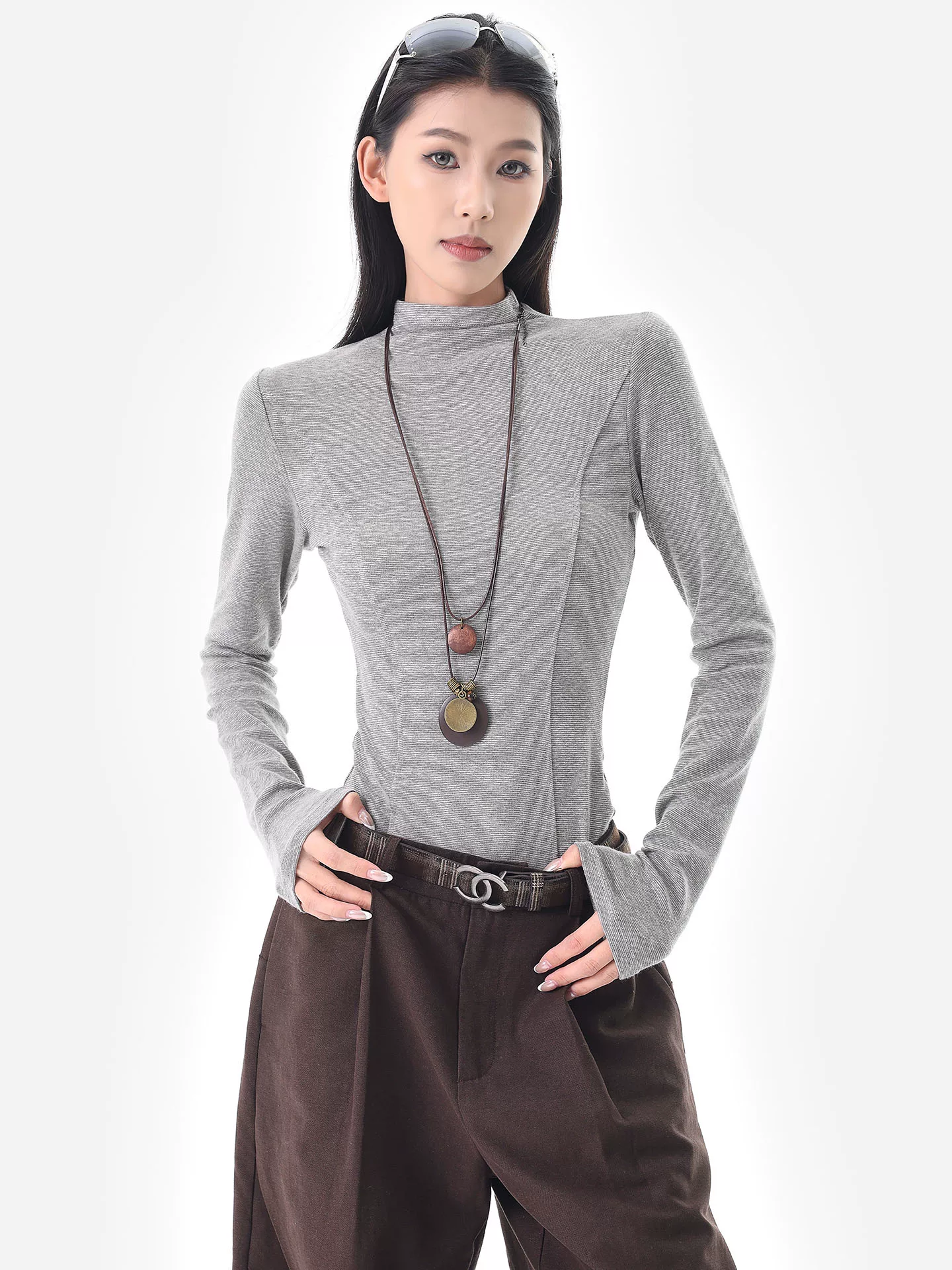 KEN STUDIO Áo thun dài tay cổ cao nửa cổ màu xám thu đông mới dành cho nữ, kiểu dáng ôm vừa vặn và tạo lớp lót bên trong giúp thon gọn