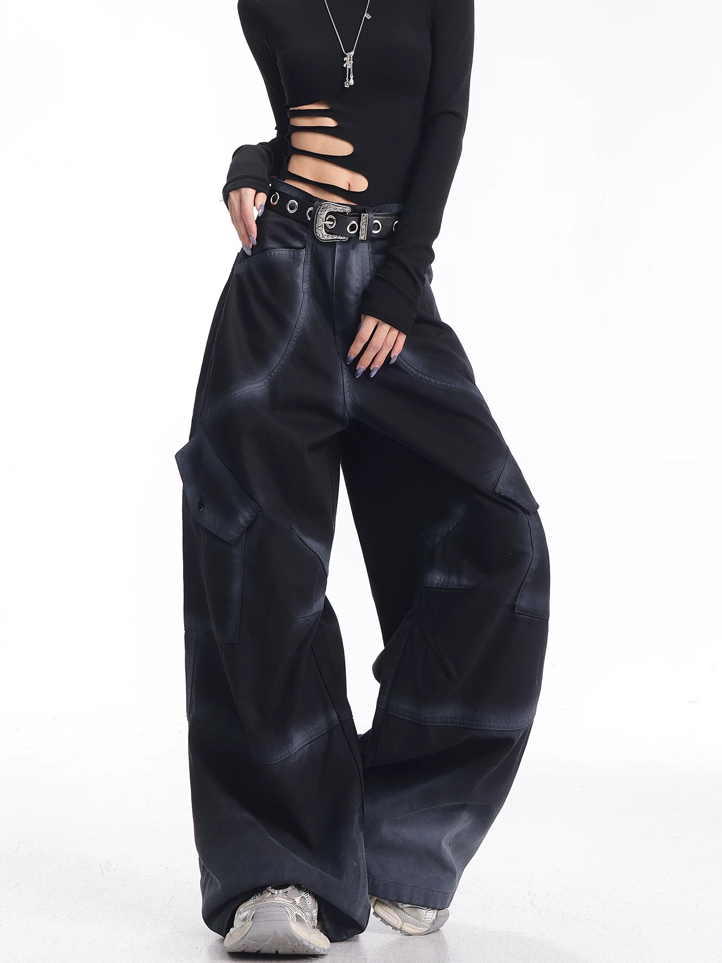 KEN STUDIO Quần ống rộng màu đen phong cách Mỹ mới thu đông dành cho nữ với thiết kế chuyển màu Quần dài đa năng