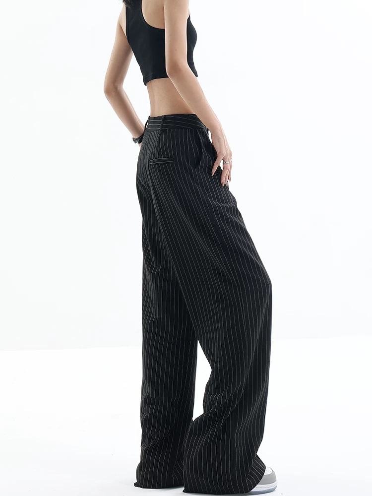 KEN STUDIO Quần dài xếp nếp sọc không đều cho nữ, thiết kế mùa hè mới, quần ống rộng dáng rộng