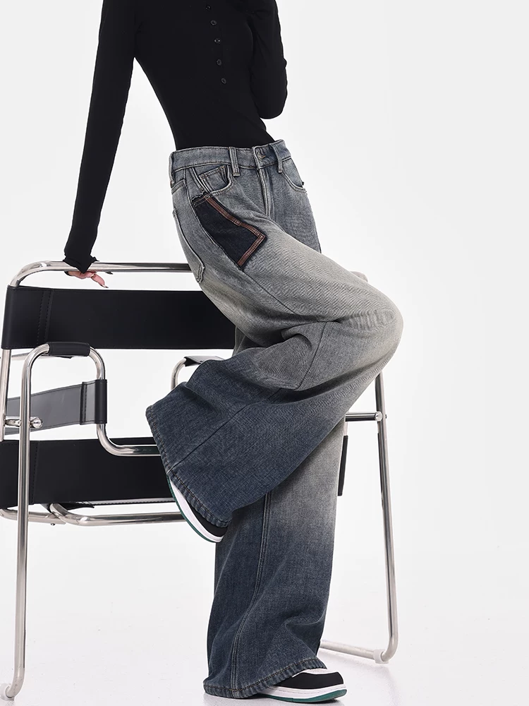 Quần jeans ống rộng màu xanh retro lót lông cừu mùa thu đông KEN STUDIO2025 dành cho nữ, thiết kế thời trang, quần dài cạp cao xước kiểu dáng hiện đại