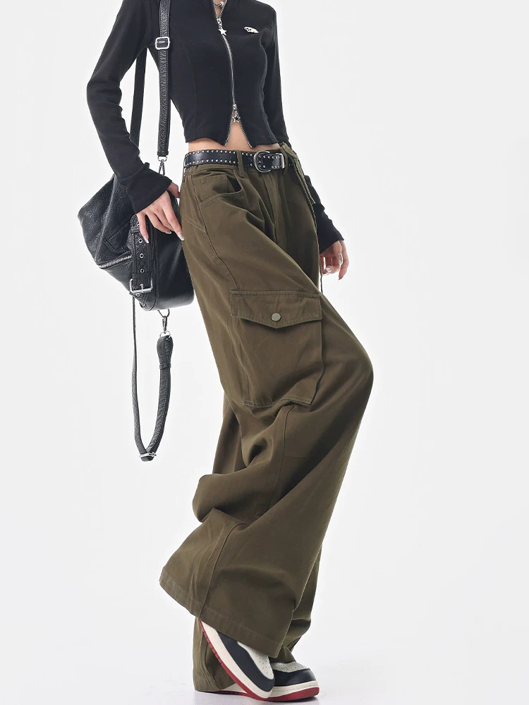 KEN STUDIO Thu Đông Mới Mỹ Retro Xanh Quân Đội Quần Ống Rộng Hàng Hóa Nữ Lỏng Lẻo Giảm Béo Scimitar Quần Âu