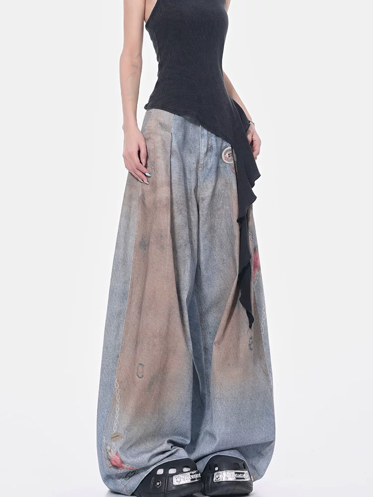 Quần jeans xếp ly nhuộm màu retro kiểu KEN STUDIO, quần ống rộng dáng sickle, quần harem nữ phong cách đường phố