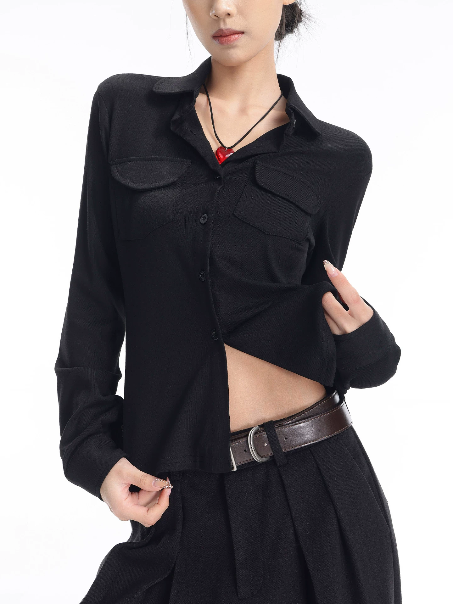 KEN STUDIO Áo sơ mi dài tay đơn giản màu đen mới mùa xuân thu dành cho nữ có cổ bẻ, dáng rộng, dáng suông, áo thun đa năng