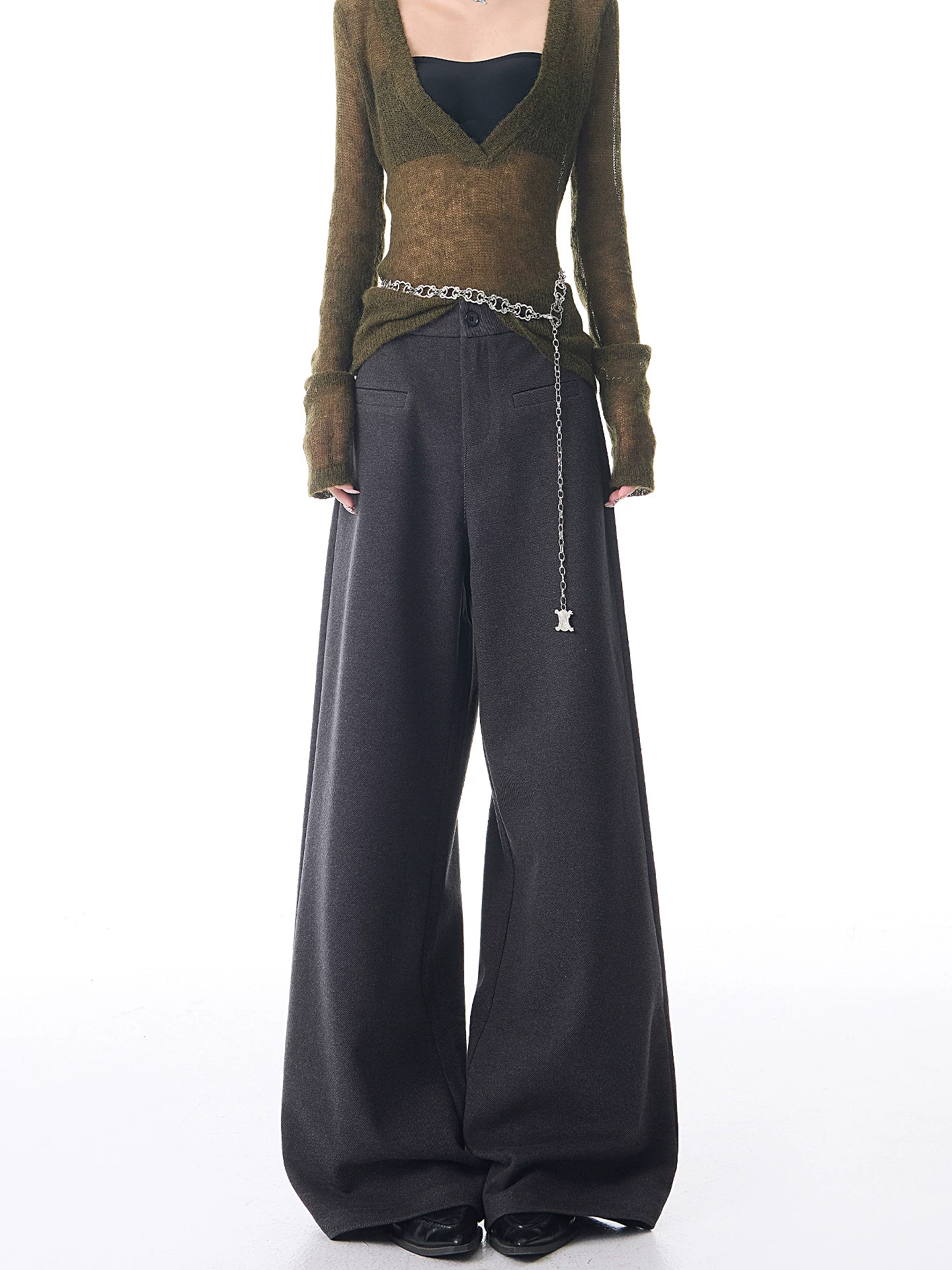 KEN STUDIO quần âu ống rộng bằng len dày mới mùa thu đông dành cho nữ, quần dài dáng rộng màu xám.