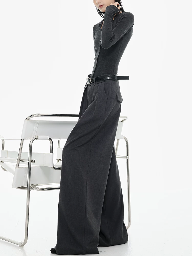 KEN STUDIO đầu mùa thu Quần âu ống rộng màu xám lưng cao kiểu Mỹ mới dành cho nữ với thiết kế xếp ly và quần dài ống thẳng