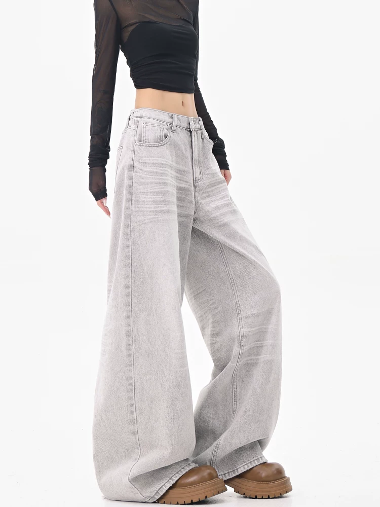 Quần jean ống đứng màu xám nhạt kiểu retro của KEN STUDIO dành cho nữ, quần ống rộng cạp cao dáng rộng mùa hè mới