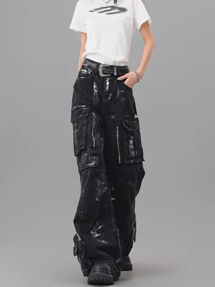 KEN STUDIO Quần jean nhiều túi sơn dày kiểu Mỹ dành cho nữ, quần công sở ống rộng màu đen cổ điển mùa hè