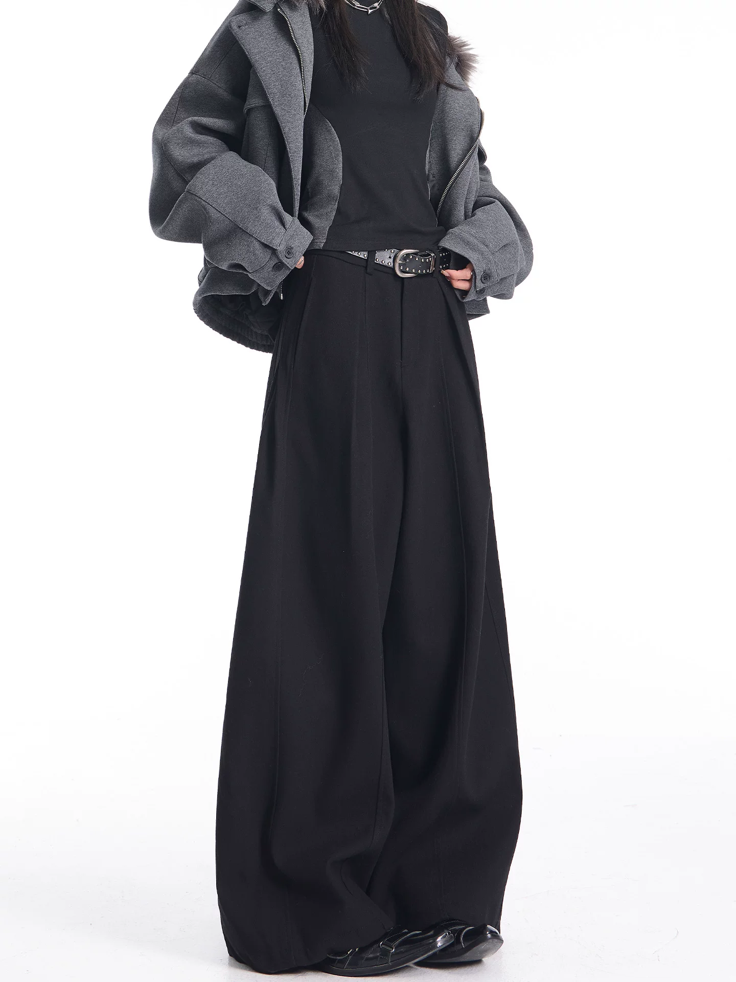 KEN STUDIO quần tây dày màu đen cổ điển mới mùa thu đông dành cho nữ, quần cạp cao, thon gọn, quần ống rộng dài chạm sàn